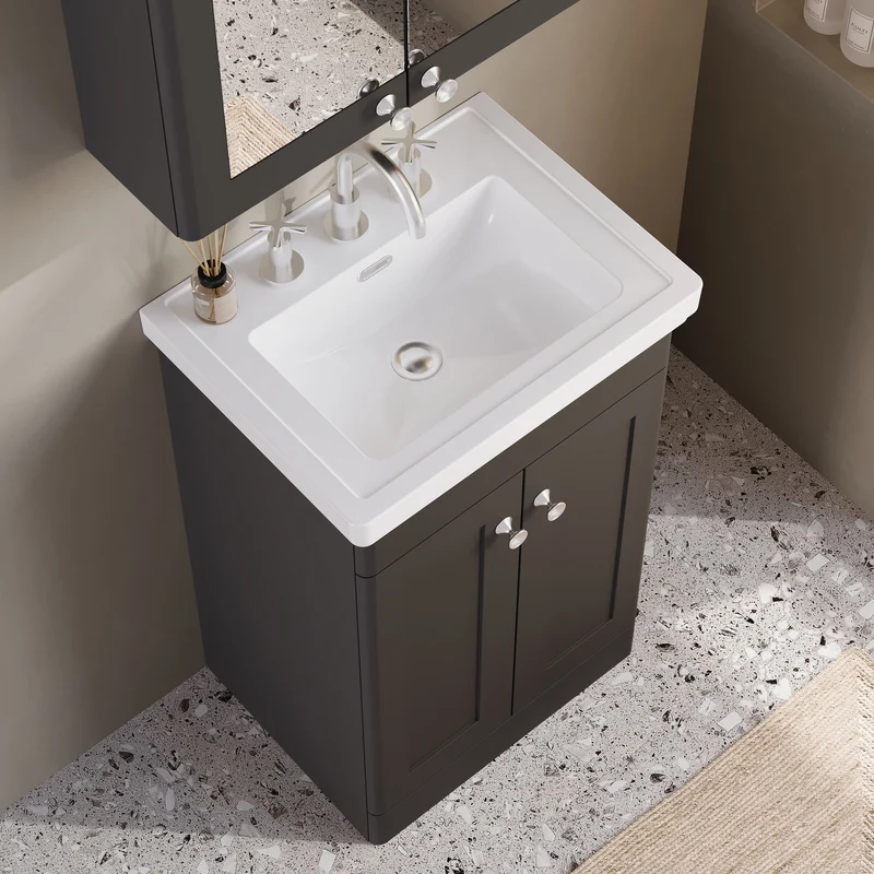 Classique 500mm Floor Standing Vanity Unit With 2 Doors With Fireclay Basin - Satin Soft Black