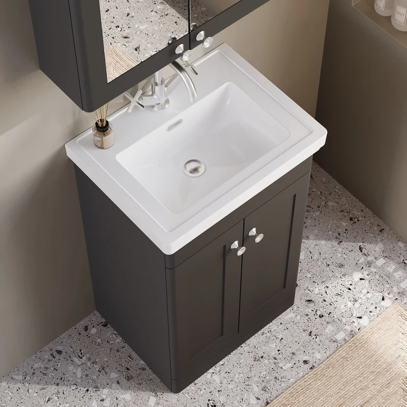 Classique 500mm Floor Standing Vanity Unit With 2 Doors With Fireclay Basin - Satin Soft Black