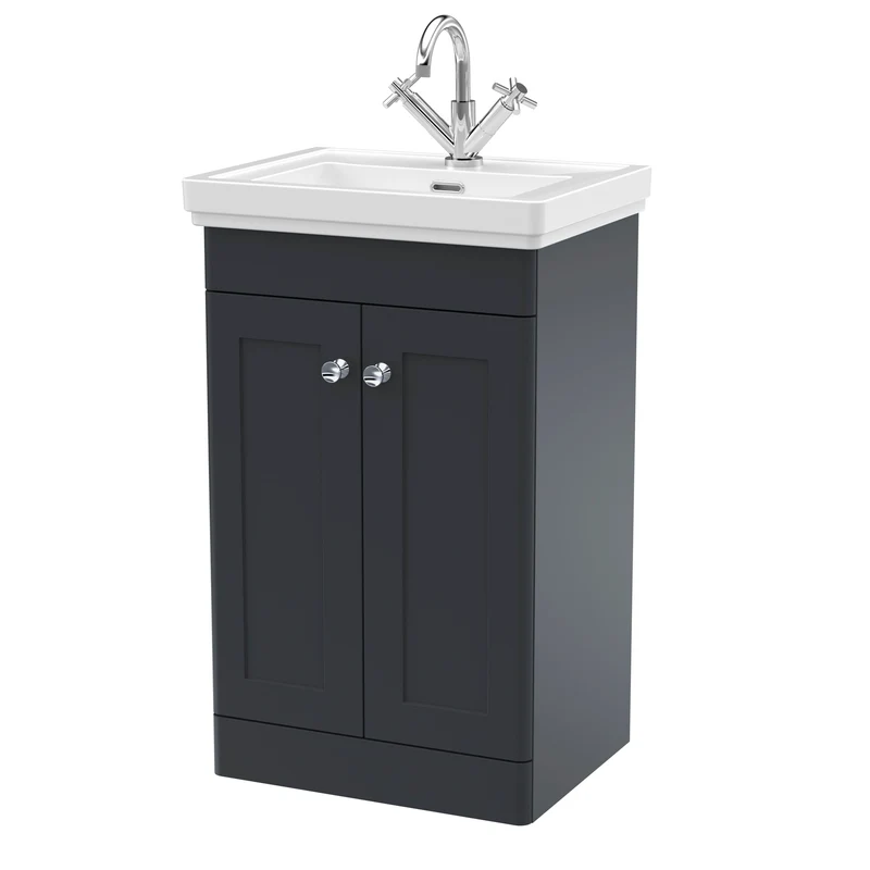 Classique 500mm Floor Standing Vanity Unit With 2 Doors With Fireclay Basin - Satin Soft Black