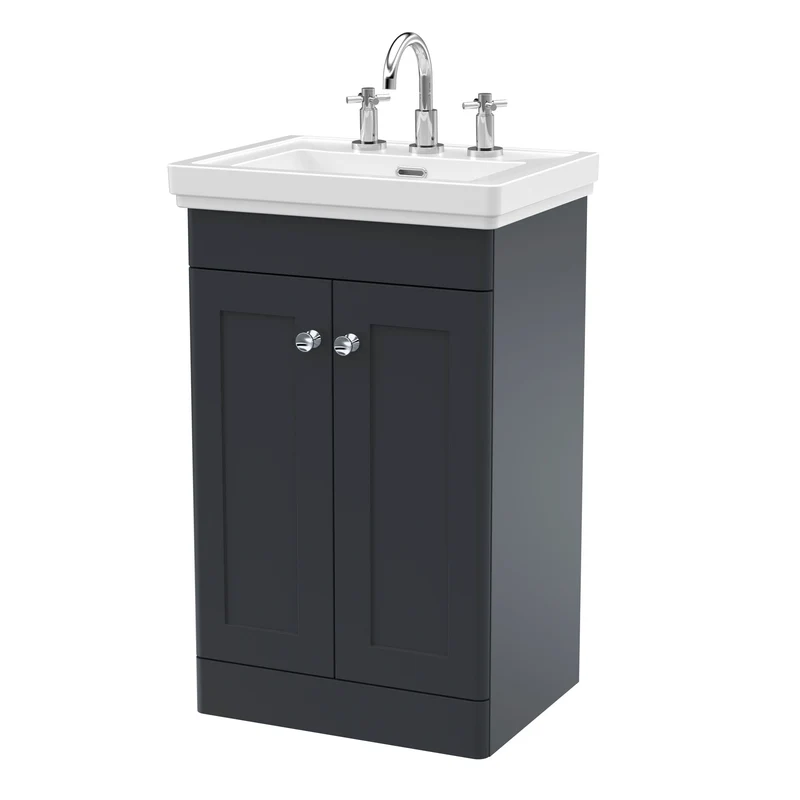 Classique 500mm Floor Standing Vanity Unit With 2 Doors With Fireclay Basin - Satin Soft Black
