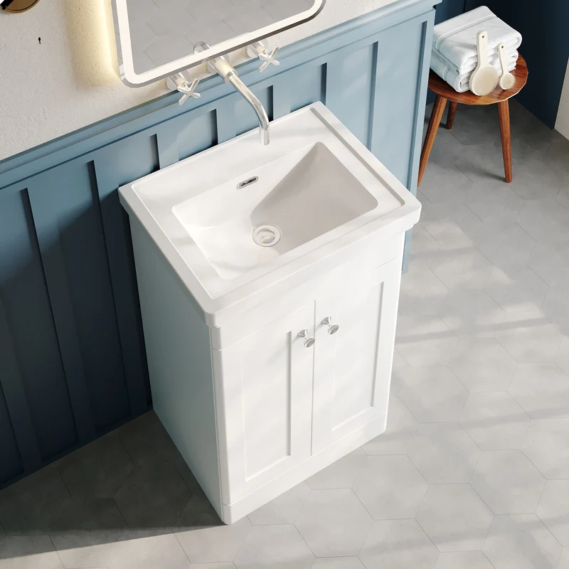 Classique 500mm Floor Standing Vanity Unit With 2 Doors With Fireclay Basin - Satin White