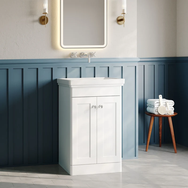 Classique 500mm Floor Standing Vanity Unit With 2 Doors With Fireclay Basin - Satin White
