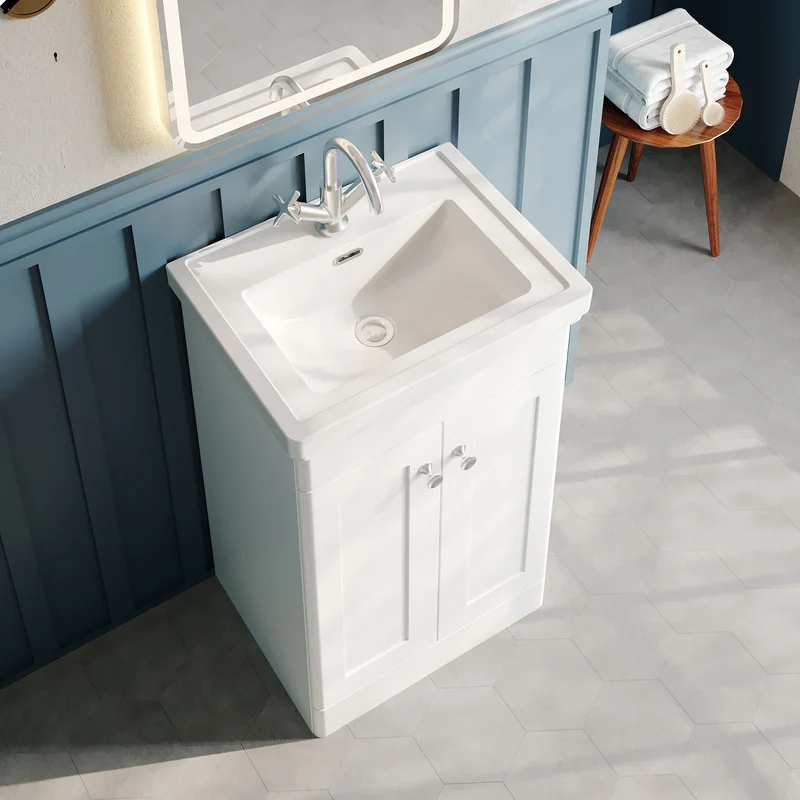 Classique 500mm Floor Standing Vanity Unit With 2 Doors With Fireclay Basin - Satin White
