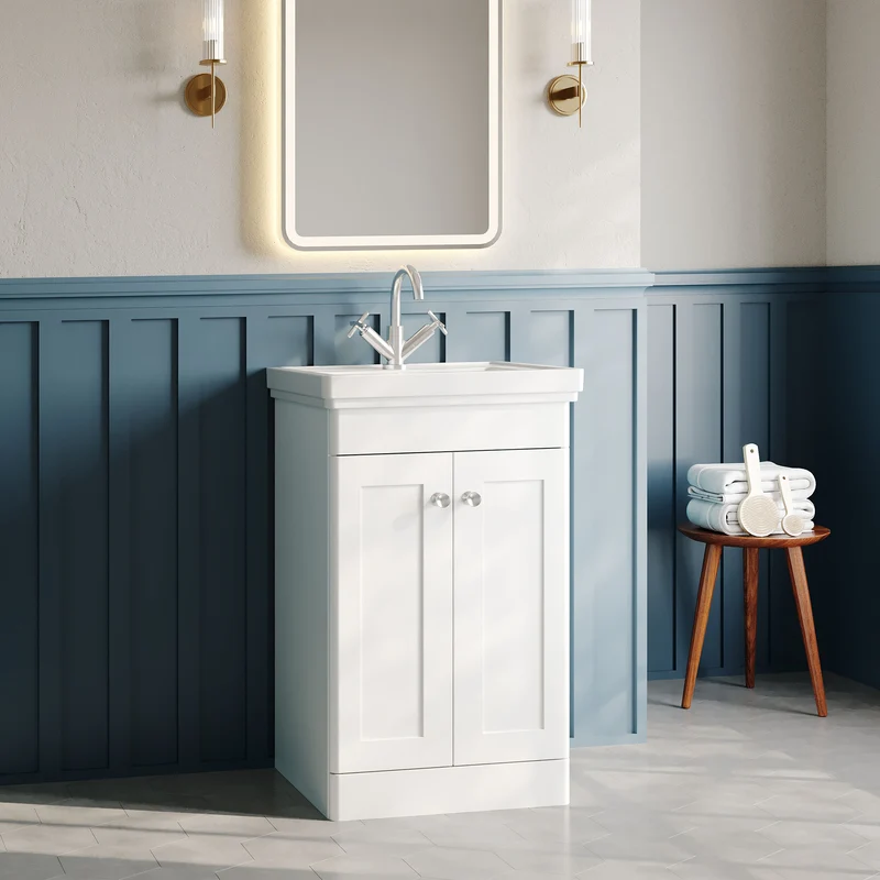 Classique 500mm Floor Standing Vanity Unit With 2 Doors With Fireclay Basin - Satin White