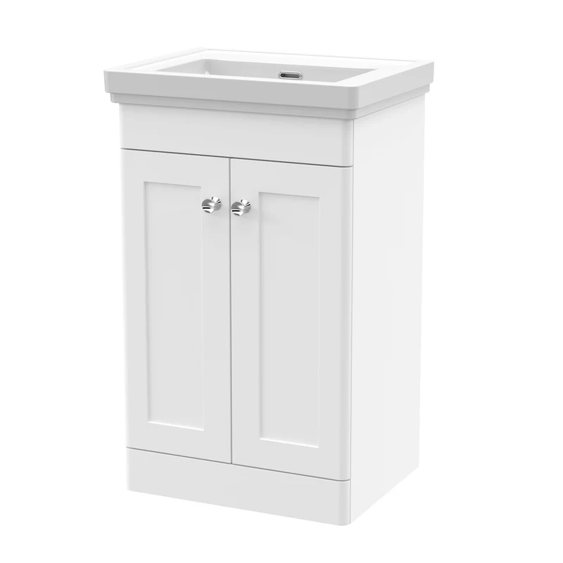 Classique 500mm Floor Standing Vanity Unit With 2 Doors With Fireclay Basin - Satin White
