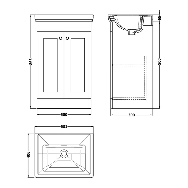 Classique 500mm Floor Standing Vanity Unit With 2 Doors With Fireclay Basin - Satin White