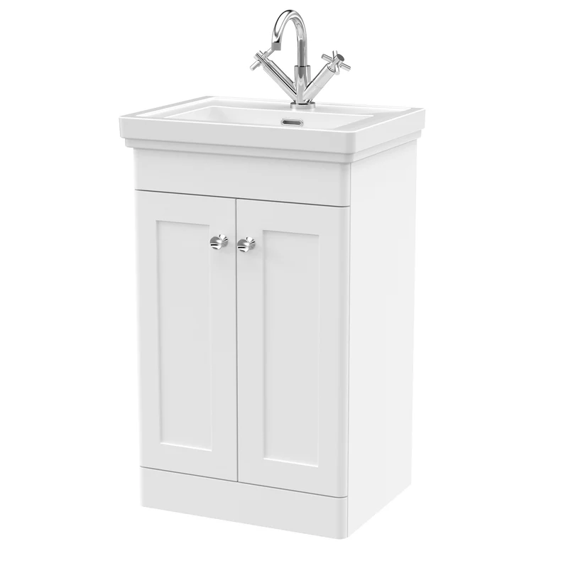 Classique 500mm Floor Standing Vanity Unit With 2 Doors With Fireclay Basin - Satin White