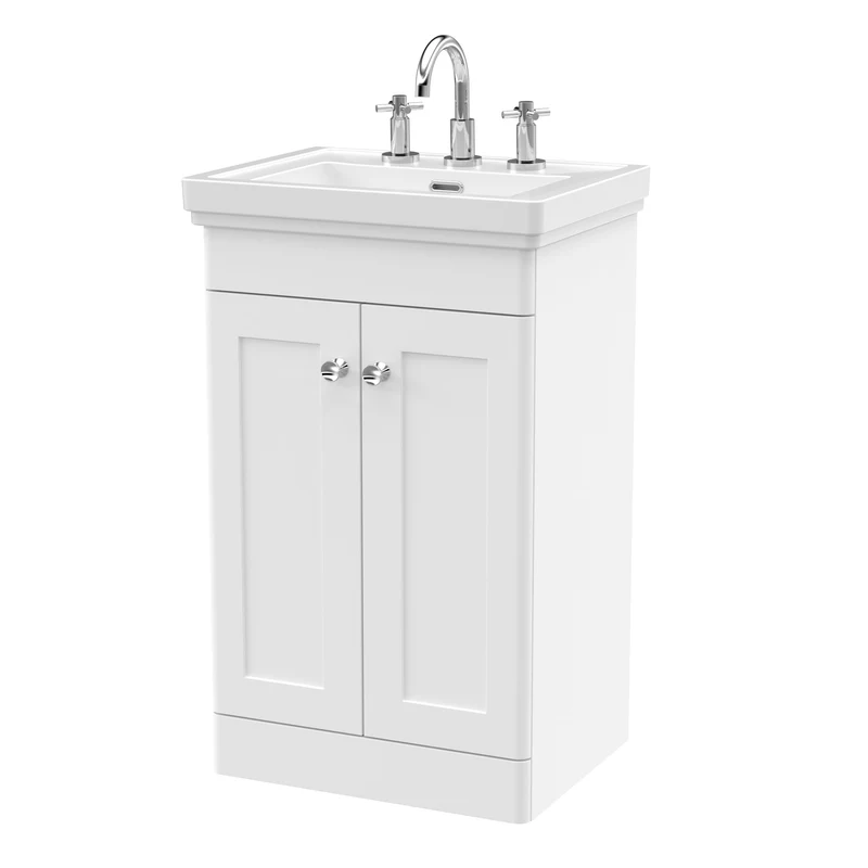Classique 500mm Floor Standing Vanity Unit With 2 Doors With Fireclay Basin - Satin White
