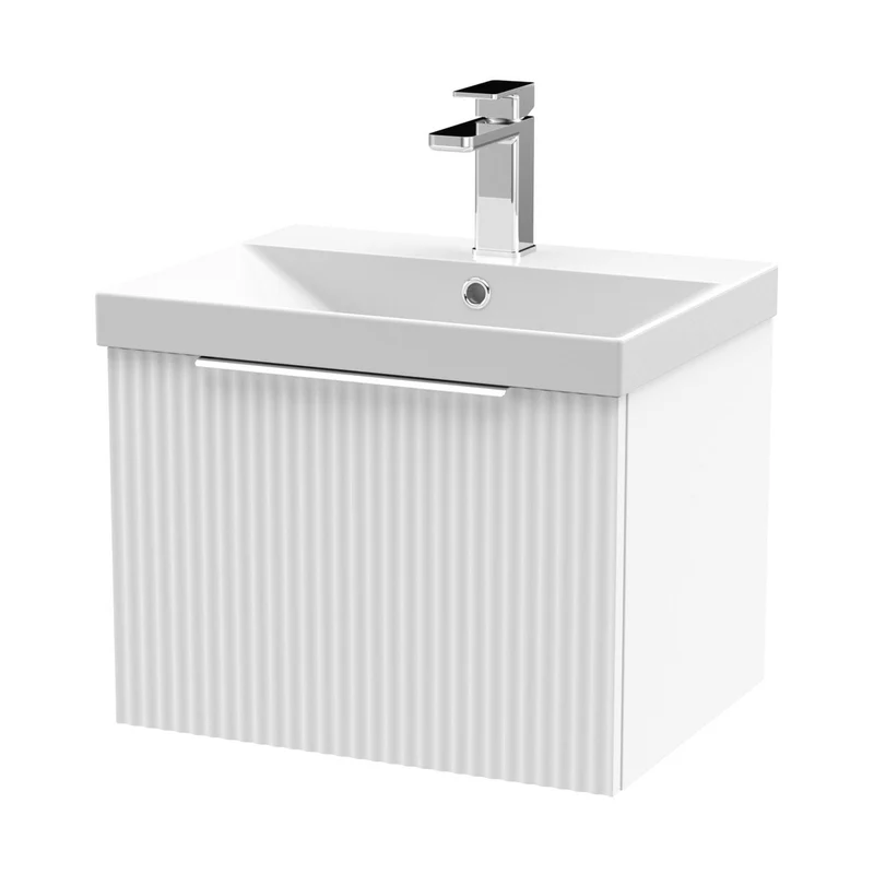 Hudson Reed Fluted 500mm Wall Hung Single Drawer Vanity & Basin 3 Contemp Satin White MFC Painted Gloss 409x510x395mm