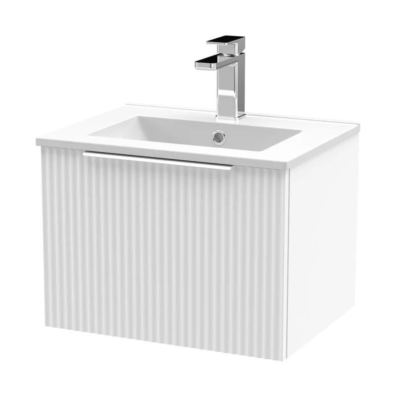 Hudson Reed Fluted 500mm Wall Hung Single Drawer Vanity & Basin 2 Contemp Satin White MFC Painted Gloss 377x500x390mm