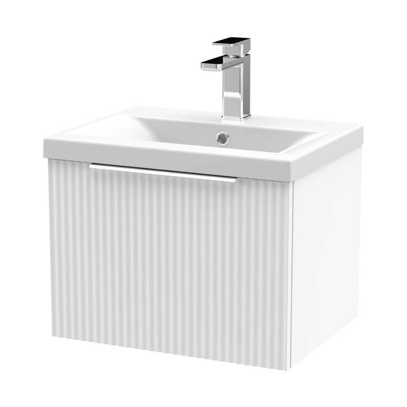Hudson Reed Fluted 500mm Wall Hung Single Drawer Vanity & Basin 1 Contemp Satin White MFC Painted Gloss 399x510x390mm