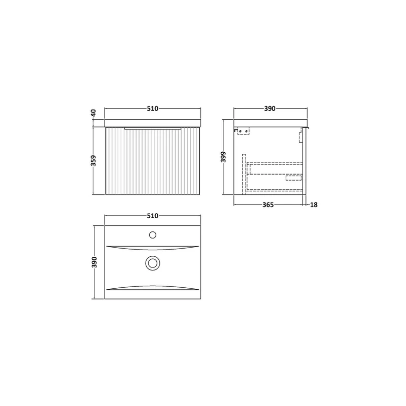 Hudson Reed Fluted 500mm Wall Hung Single Drawer Vanity & Basin 1 Contemp Satin White MFC Painted Gloss 399x510x390mm