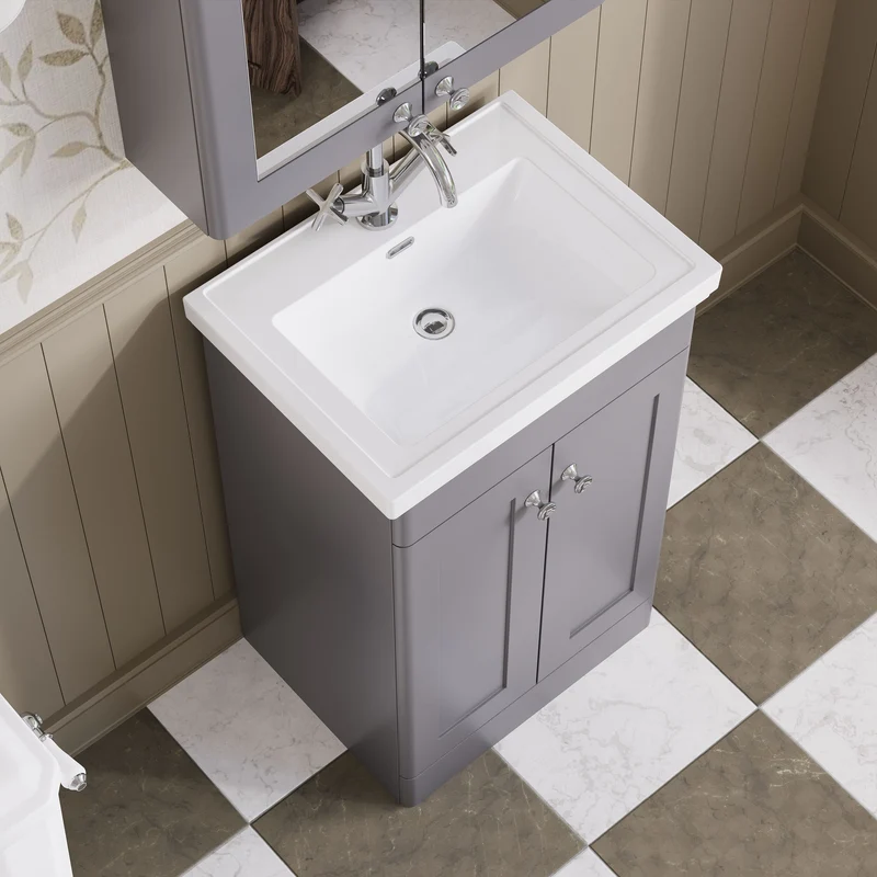 Classique 500mm Floor Standing Vanity Unit With 2 Doors With Fireclay Basin - Satin Grey