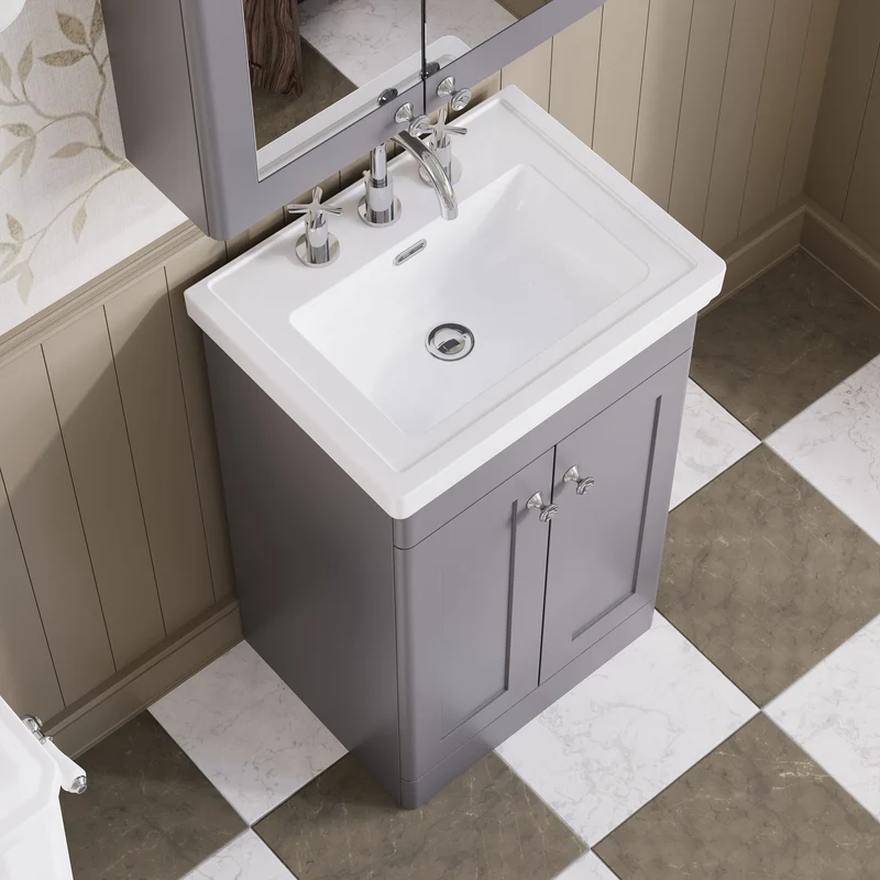 Classique 500mm Floor Standing Vanity Unit With 2 Doors With Fireclay Basin - Satin Grey