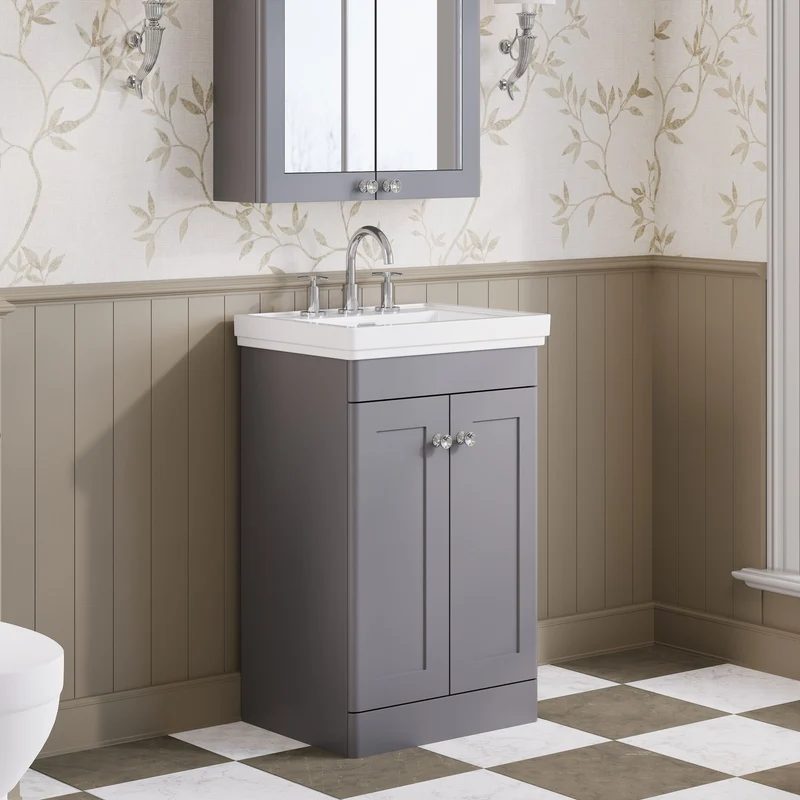 Classique 500mm Floor Standing Vanity Unit With 2 Doors With Fireclay Basin - Satin Grey