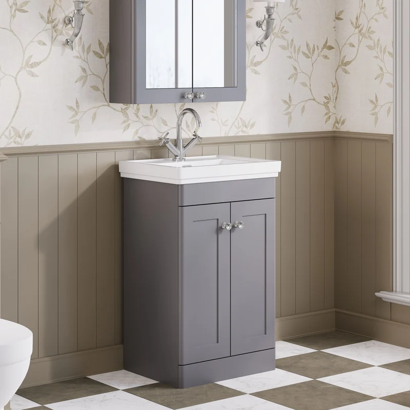 Classique 500mm Floor Standing Vanity Unit With 2 Doors With Fireclay Basin - Satin Grey