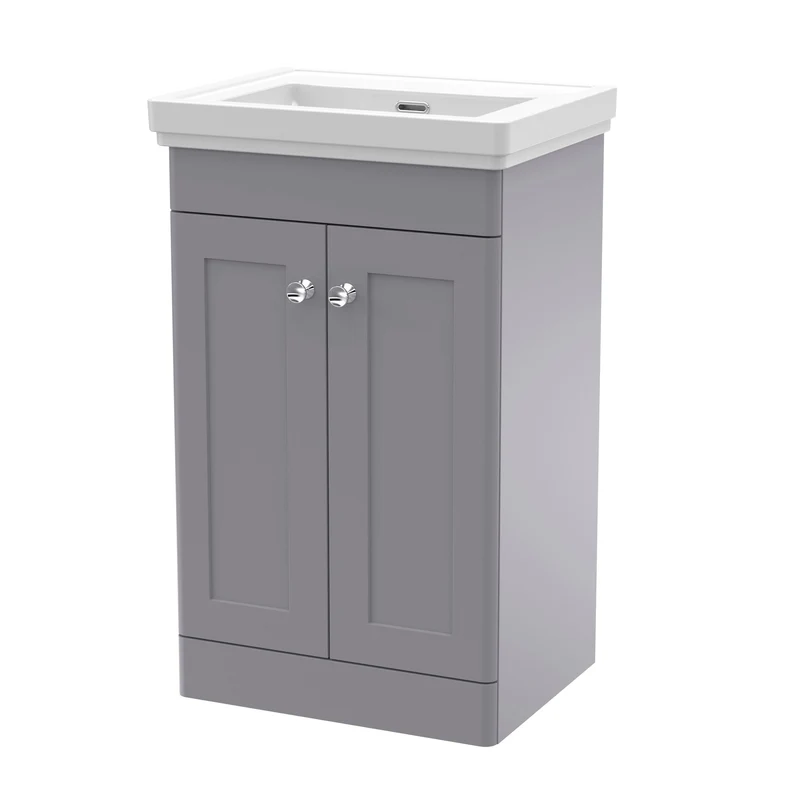 Classique 500mm Floor Standing Vanity Unit With 2 Doors With Fireclay Basin - Satin Grey