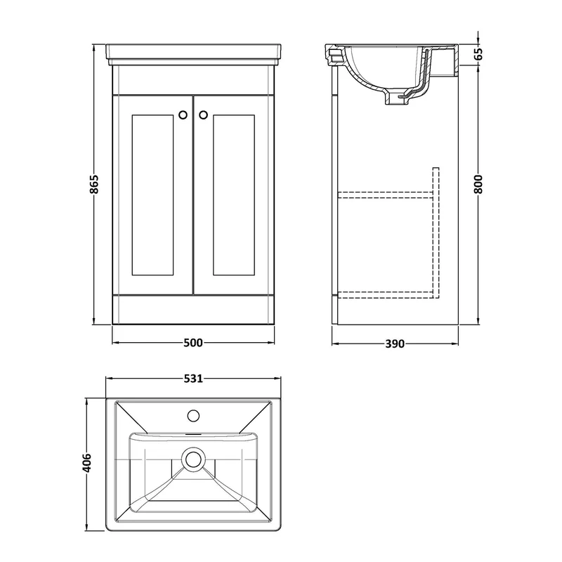 Classique 500mm Floor Standing Vanity Unit With 2 Doors With Fireclay Basin - Satin Grey