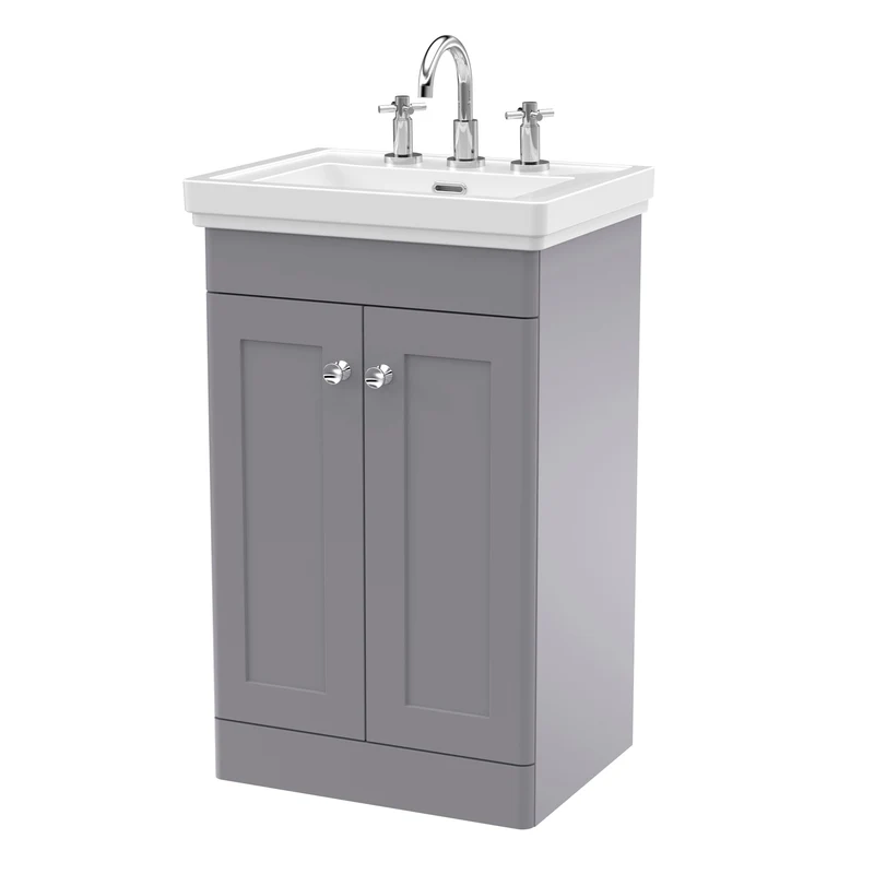 Classique 500mm Floor Standing Vanity Unit With 2 Doors With Fireclay Basin - Satin Grey