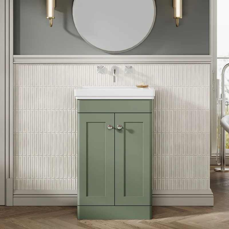 Classique 500mm Floor Standing Vanity Unit With 2 Doors With Fireclay Basin - Satin Green