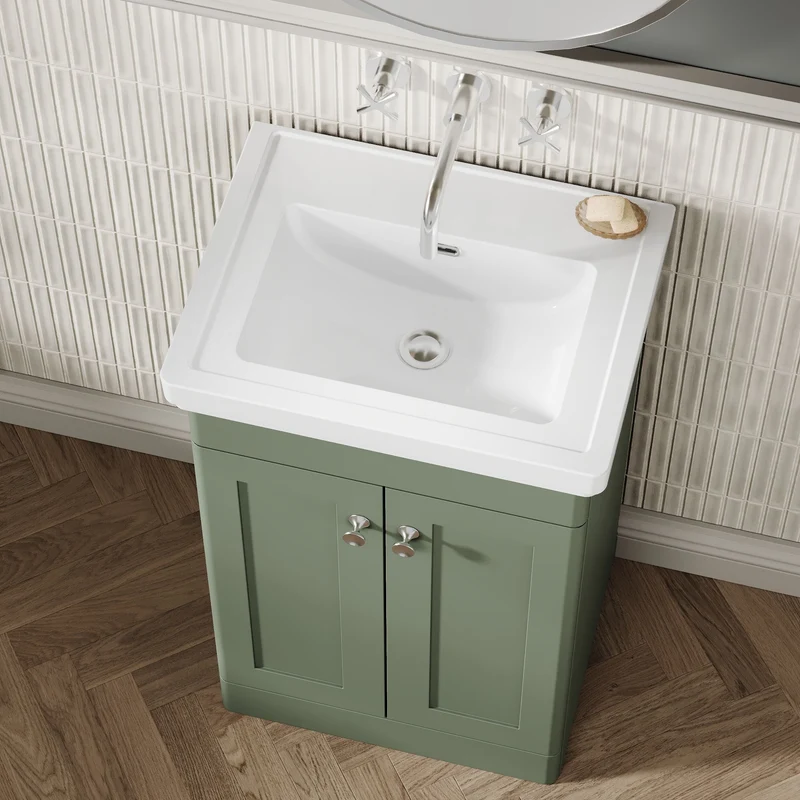 Classique 500mm Floor Standing Vanity Unit With 2 Doors With Fireclay Basin - Satin Green