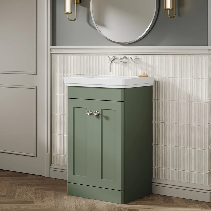Classique 500mm Floor Standing Vanity Unit With 2 Doors With Fireclay Basin - Satin Green