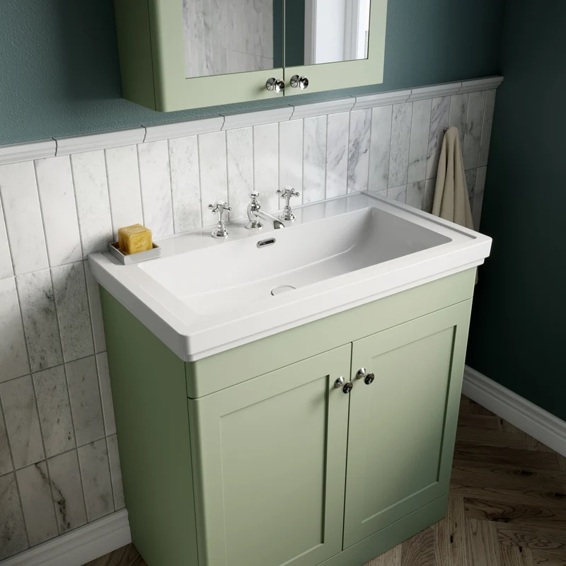 Classique 500mm Floor Standing Vanity Unit With 2 Doors With Fireclay Basin - Satin Green