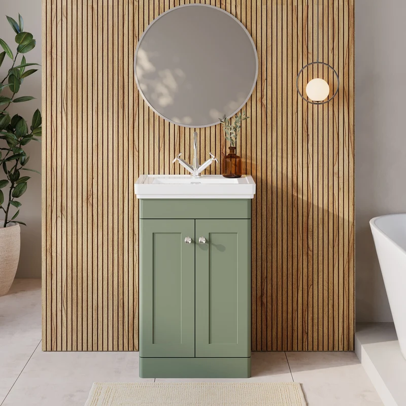 Classique 500mm Floor Standing Vanity Unit With 2 Doors With Fireclay Basin - Satin Green