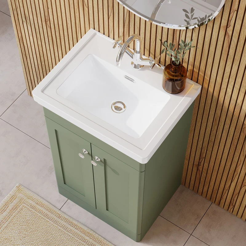 Classique 500mm Floor Standing Vanity Unit With 2 Doors With Fireclay Basin - Satin Green