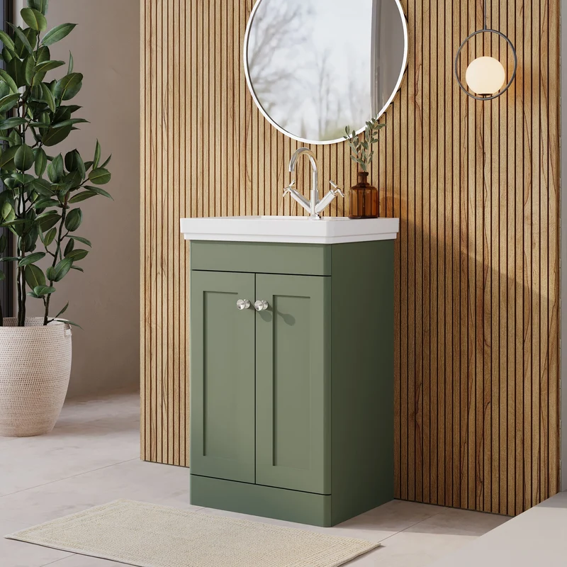 Classique 500mm Floor Standing Vanity Unit With 2 Doors With Fireclay Basin - Satin Green