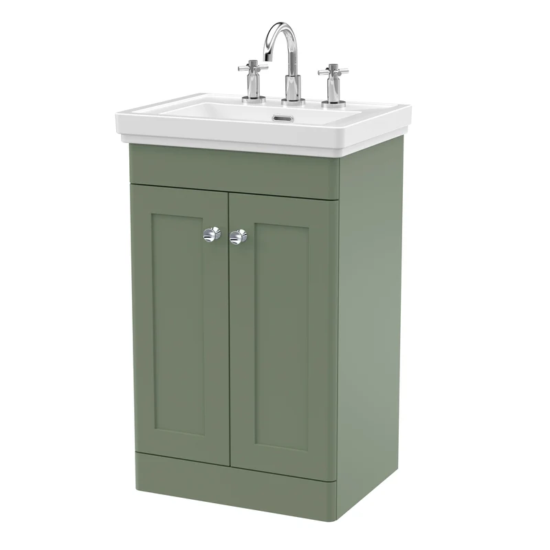 Classique 500mm Floor Standing Vanity Unit With 2 Doors With Fireclay Basin - Satin Green