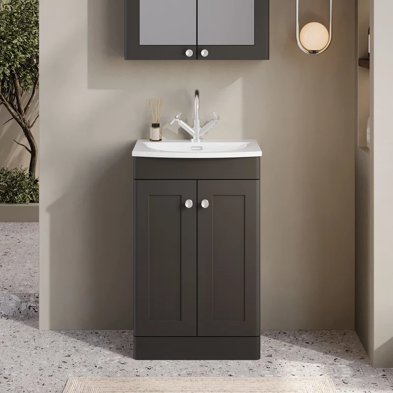 Classique 500mm Floor Standing Vanity Unit With 2 Doors With Curved Ceramic Basin - Satin Soft Black