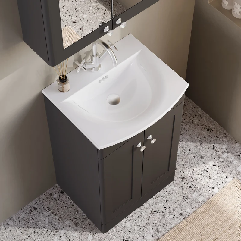 Classique 500mm Floor Standing Vanity Unit With 2 Doors With Curved Ceramic Basin - Satin Soft Black