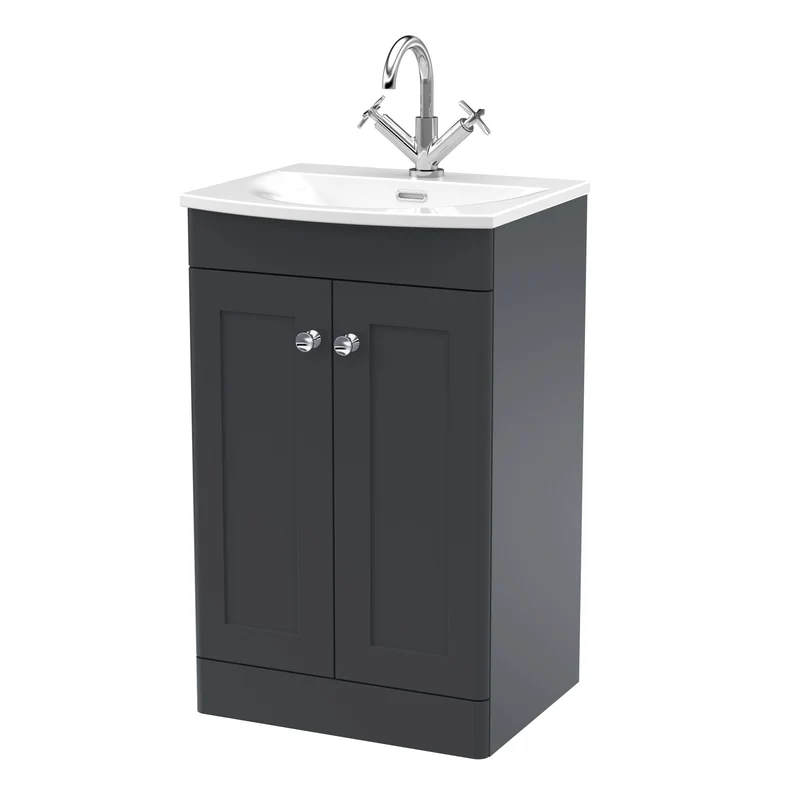 Classique 500mm Floor Standing Vanity Unit With 2 Doors With Curved Ceramic Basin - Satin Soft Black