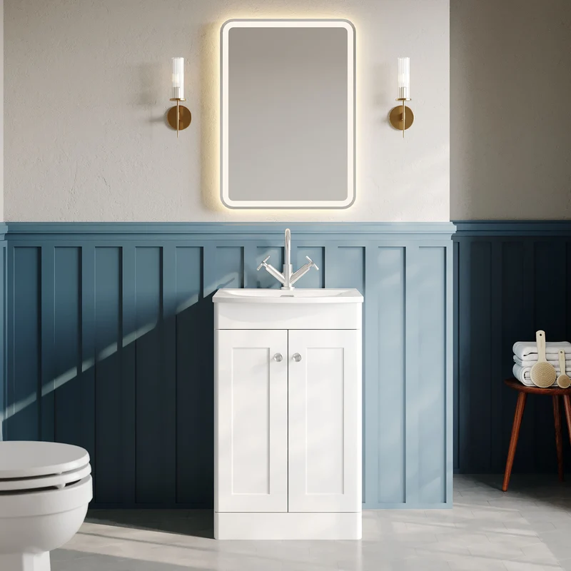 Classique 500mm Floor Standing Vanity Unit With 2 Doors With Curved Ceramic Basin - Satin White