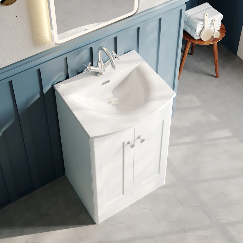 Classique 500mm Floor Standing Vanity Unit With 2 Doors With Curved Ceramic Basin - Satin White