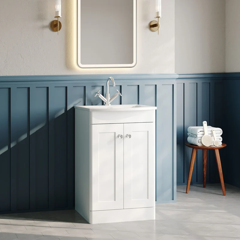 Classique 500mm Floor Standing Vanity Unit With 2 Doors With Curved Ceramic Basin - Satin White