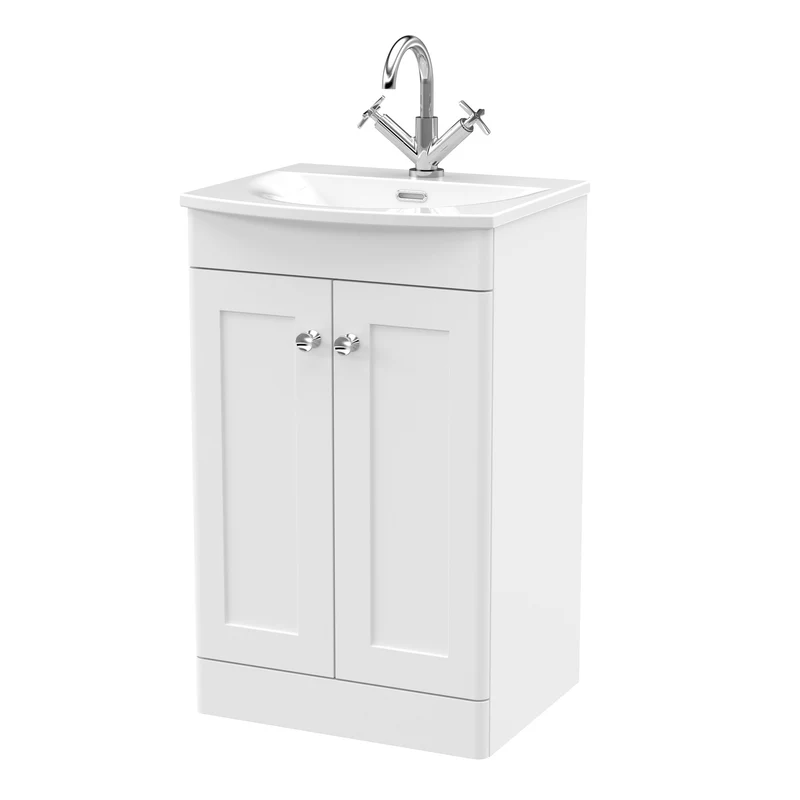 Classique 500mm Floor Standing Vanity Unit With 2 Doors With Curved Ceramic Basin - Satin White