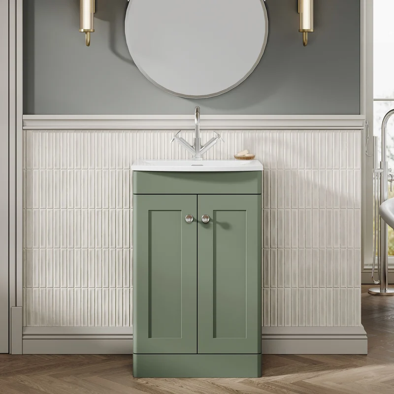 Classique 500mm Floor Standing Vanity Unit With 2 Doors With Curved Ceramic Basin - Satin Green