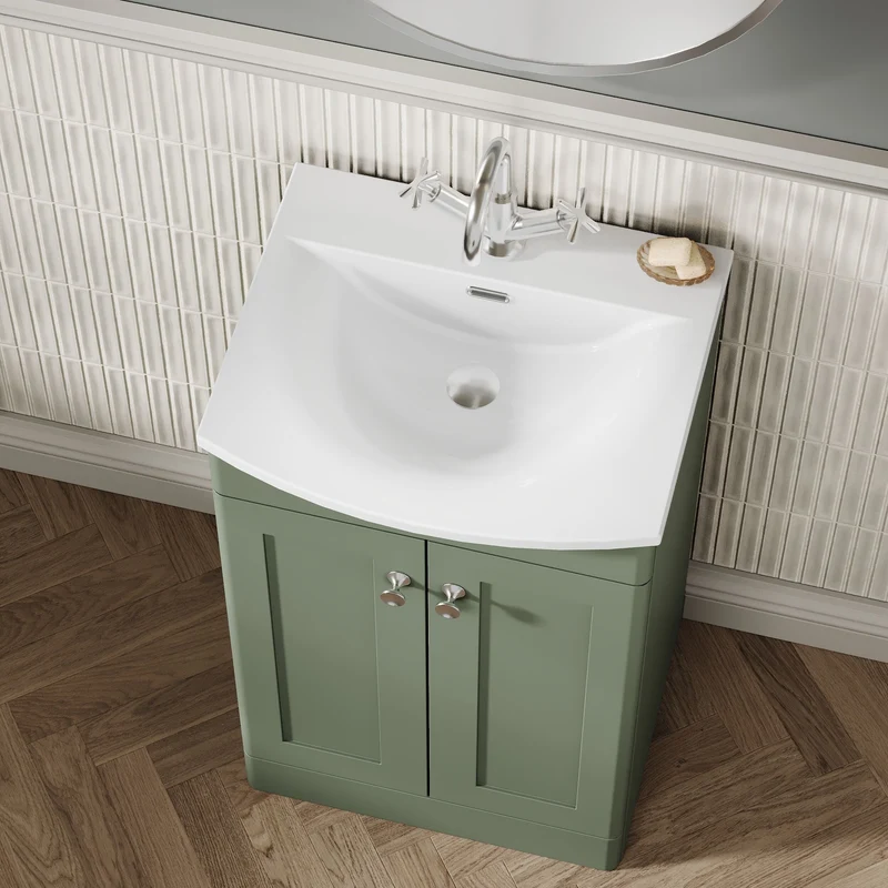 Classique 500mm Floor Standing Vanity Unit With 2 Doors With Curved Ceramic Basin - Satin Green