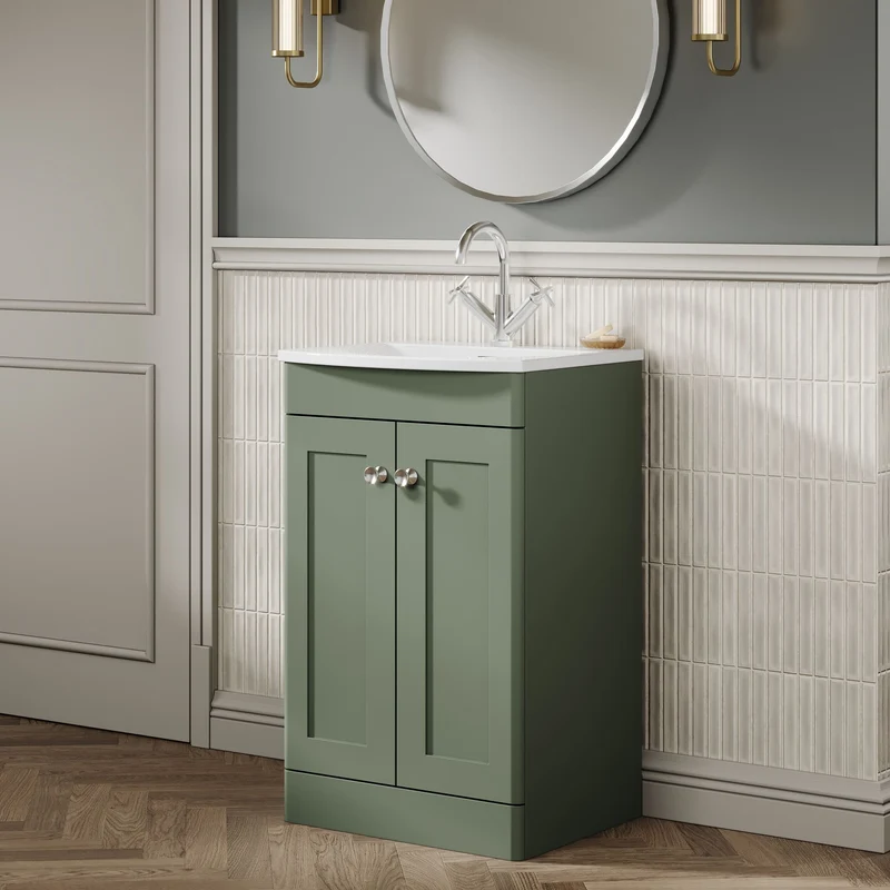 Classique 500mm Floor Standing Vanity Unit With 2 Doors With Curved Ceramic Basin - Satin Green