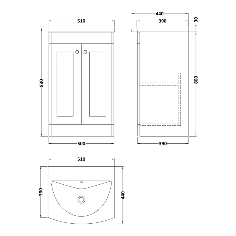Classique 500mm Floor Standing Vanity Unit With 2 Doors With Curved Ceramic Basin - Satin Green