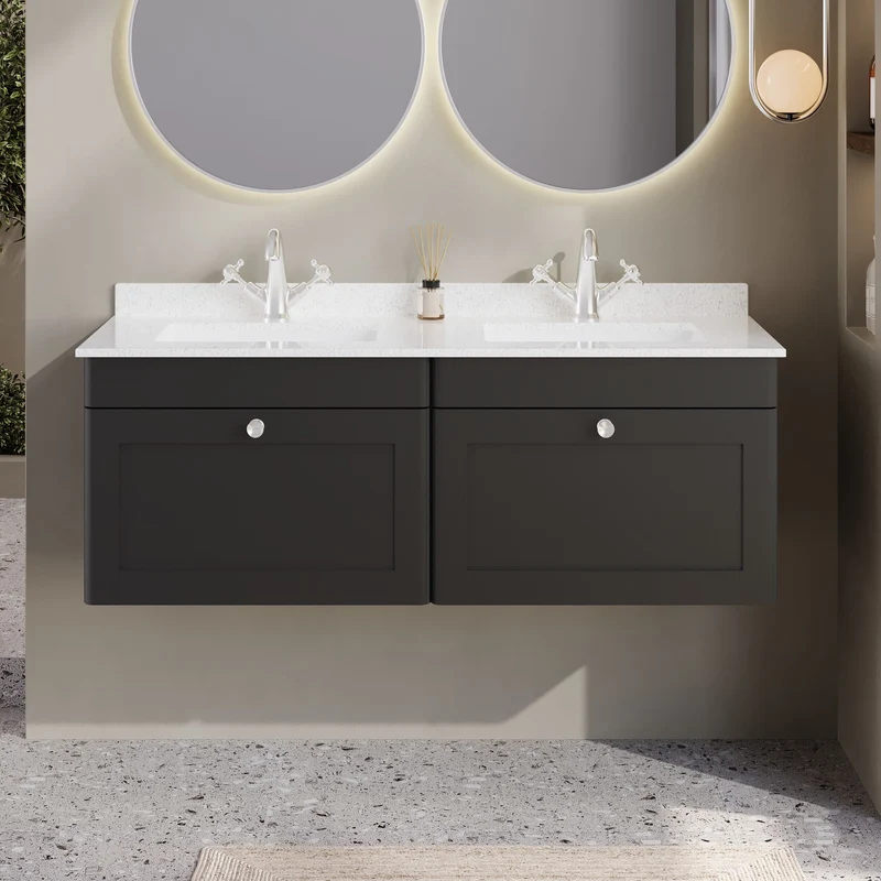 Classique 1200mm Wall Hung Vanity Unit With 2 Drawers With White Marble Worktop With 2 Square Basins - Satin Soft Black