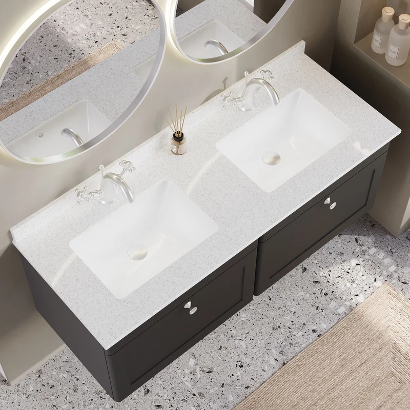 Classique 1200mm Wall Hung Vanity Unit With 2 Drawers With White Marble Worktop With 2 Square Basins - Satin Soft Black