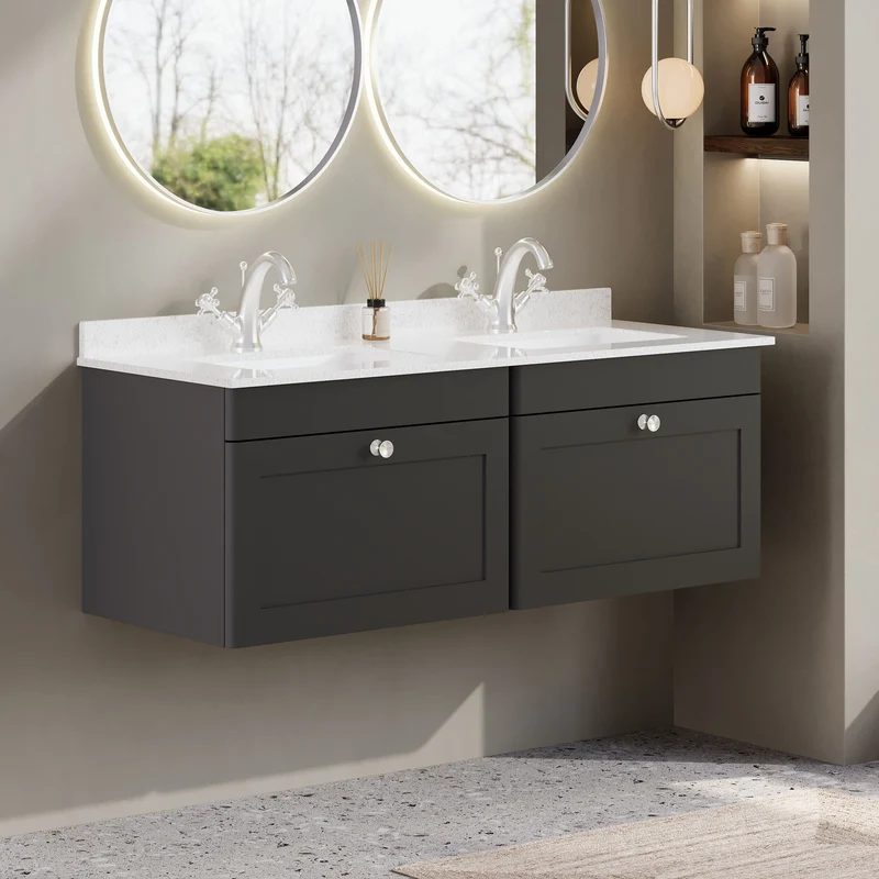 Classique 1200mm Wall Hung Vanity Unit With 2 Drawers With White Marble Worktop With 2 Square Basins - Satin Soft Black