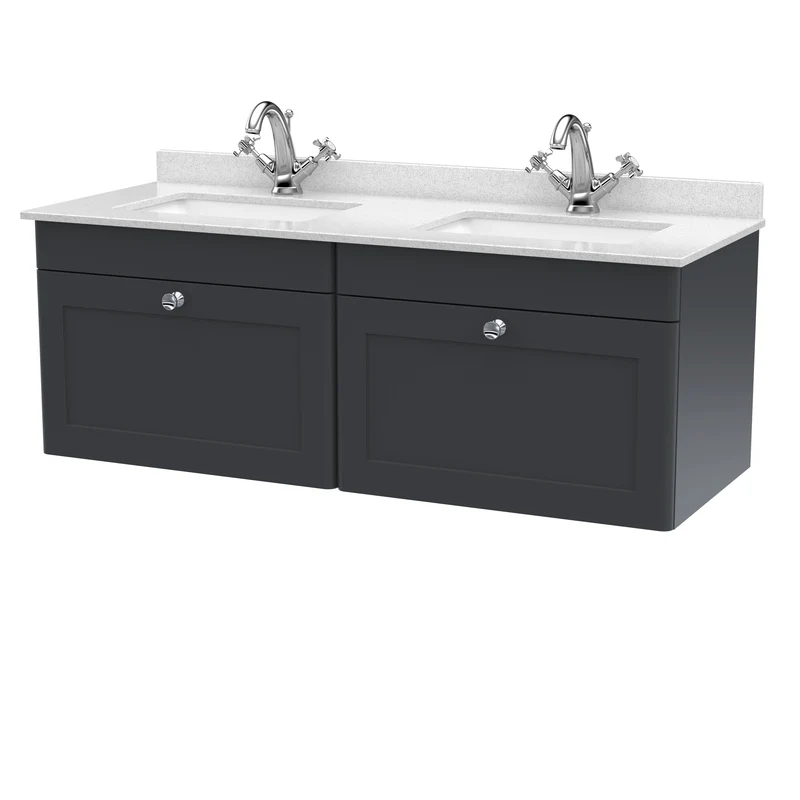 Classique 1200mm Wall Hung Vanity Unit With 2 Drawers With White Marble Worktop With 2 Square Basins - Satin Soft Black