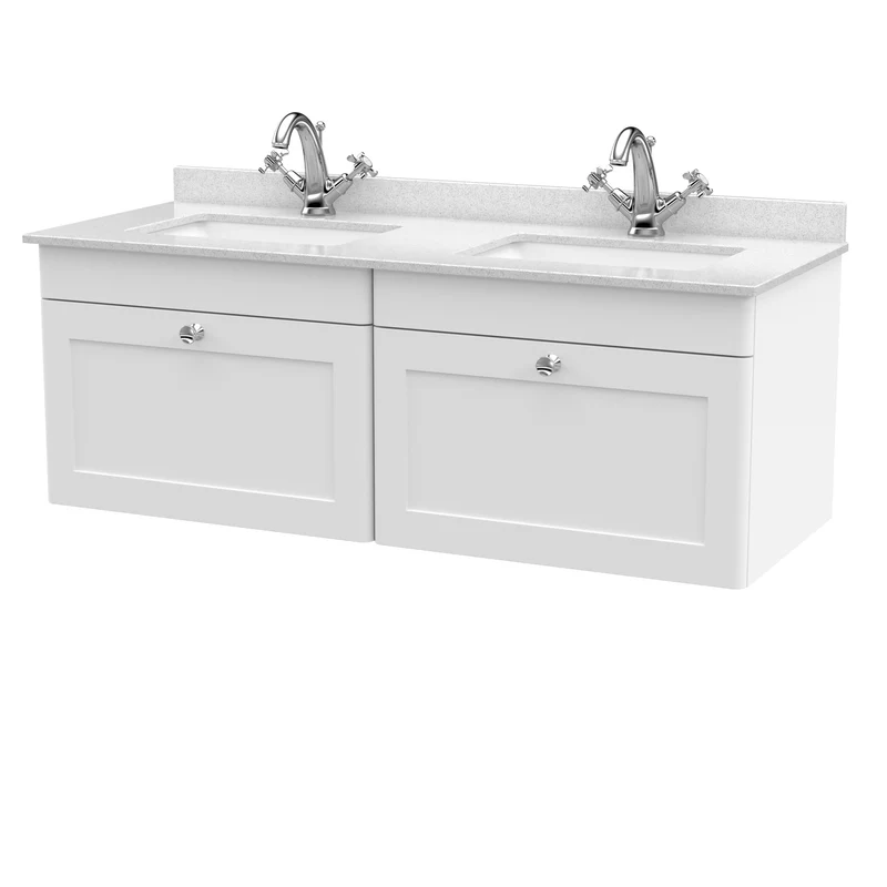 Classique 1200mm Wall Hung Vanity Unit With 2 Drawers With White Marble Worktop With 2 Square Basins - Satin White