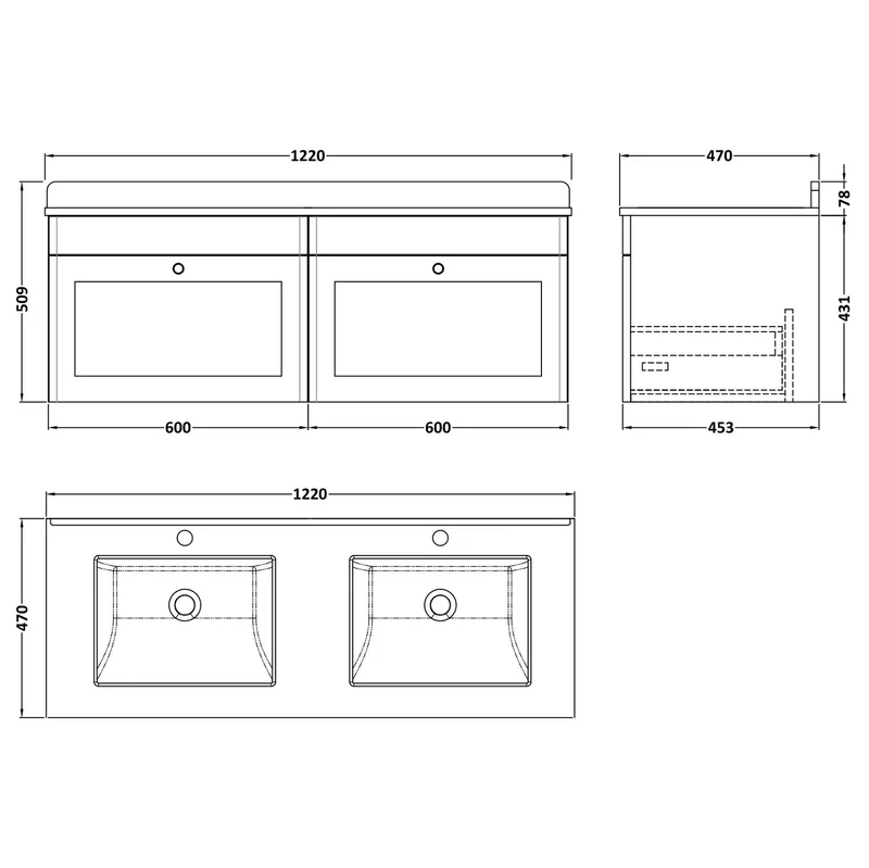 Classique 1200mm Wall Hung Vanity Unit With 2 Drawers With White Marble Worktop With 2 Square Basins - Satin White