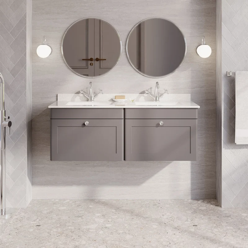 Classique 1200mm Wall Hung Vanity Unit With 2 Drawers With White Marble Worktop With 2 Square Basins - Satin Grey