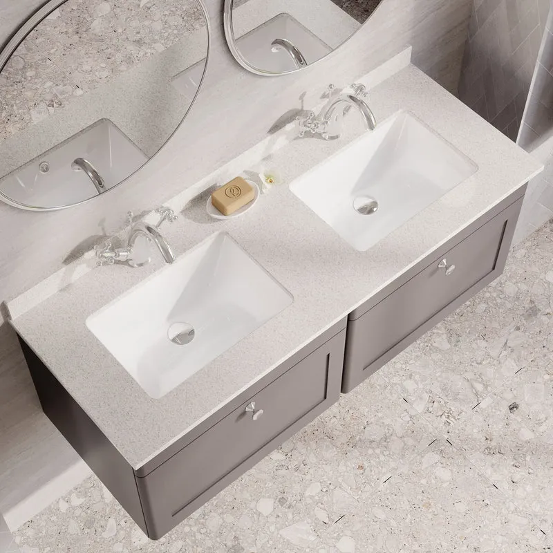 Classique 1200mm Wall Hung Vanity Unit With 2 Drawers With White Marble Worktop With 2 Square Basins - Satin Grey